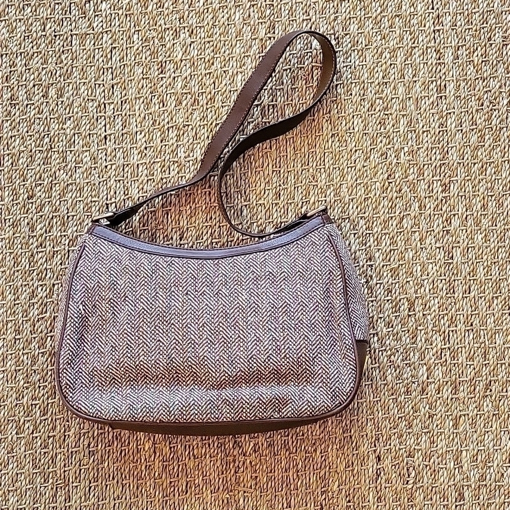 Liz CLAIBORNE brown cloth wool leather shoulder bag purse.  Excellent condition! - Picture 2 of 14